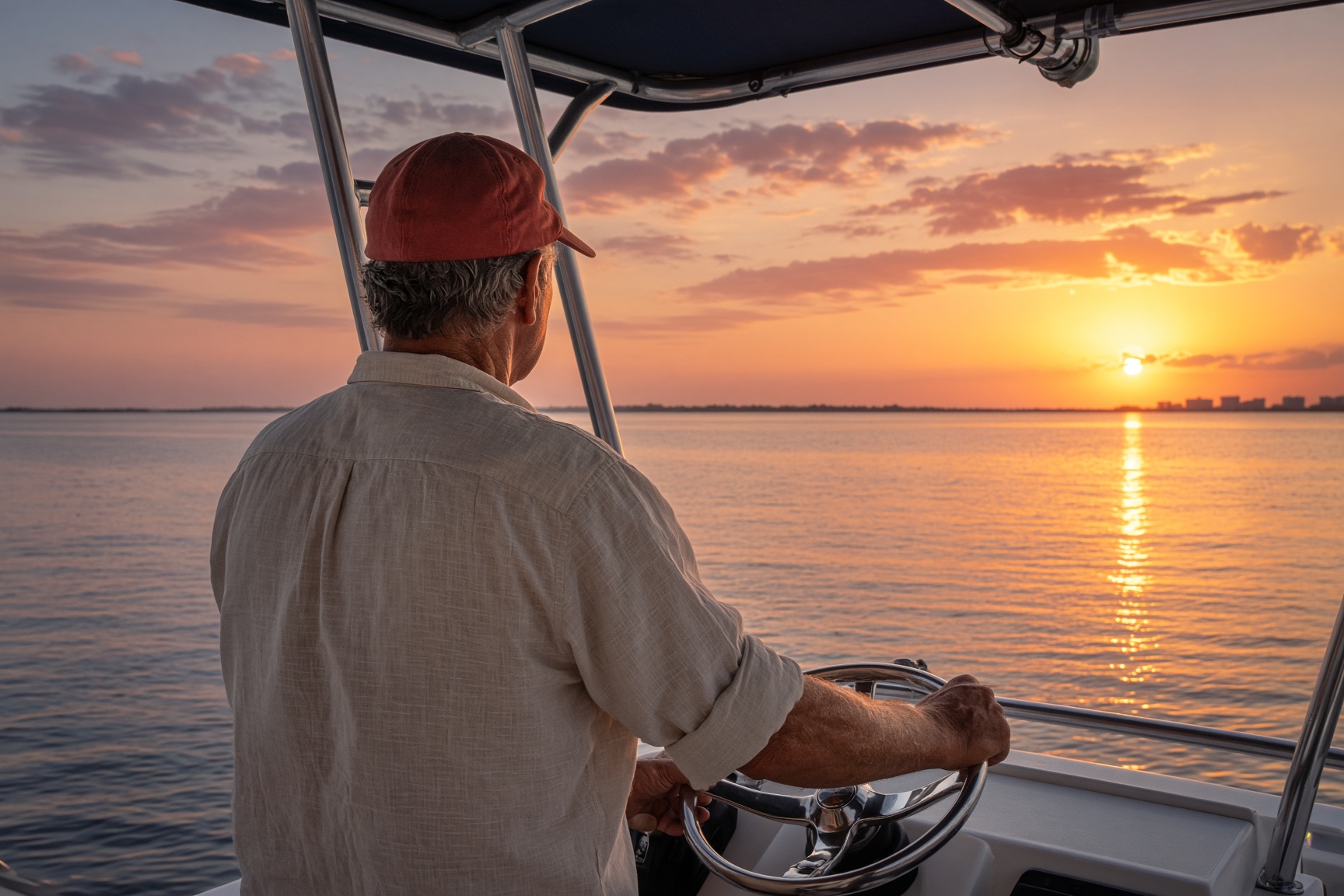 Capt. Red at the helm, from behind, looking toward a Naples sunset